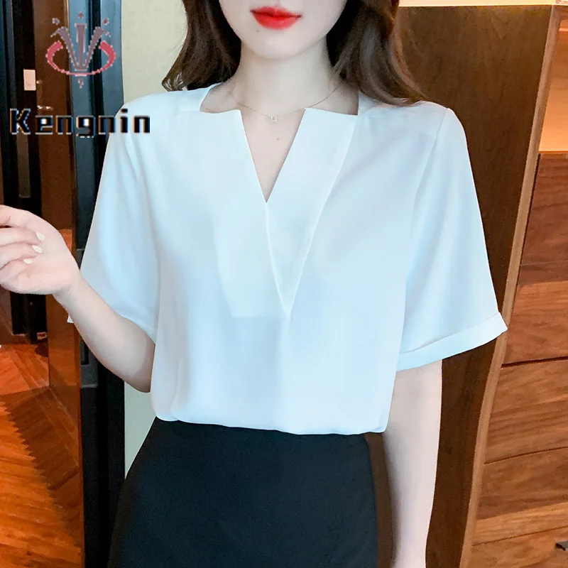 

Loose OL Designer Women's Shirts 2023 Summer Chic Lady Blouse Simple V-Neck Female Tops Thin Short Sleeve Clothes Blause KE3463