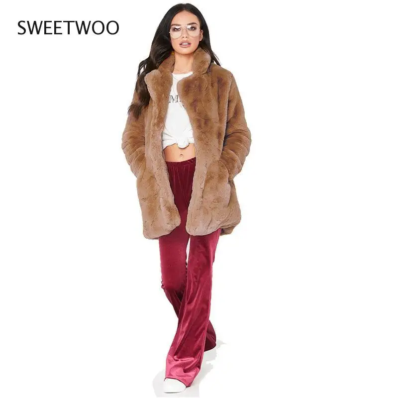 European American New Fashion Elegant Women Long Loose Wool Soft Rabbit Hair Faux Fur Coat White Pink Yellow Black Red Tide 2022