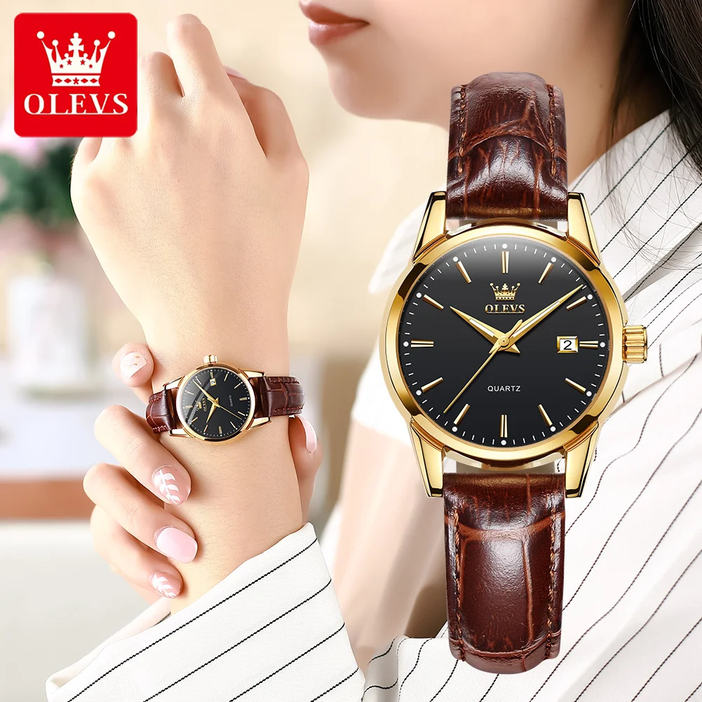 OLEVS 6898 Super-thin Waterproof Women Wristwatch Fashion Genuine Leather Strap Quartz Watch for Women Luminous Calendar enlarge