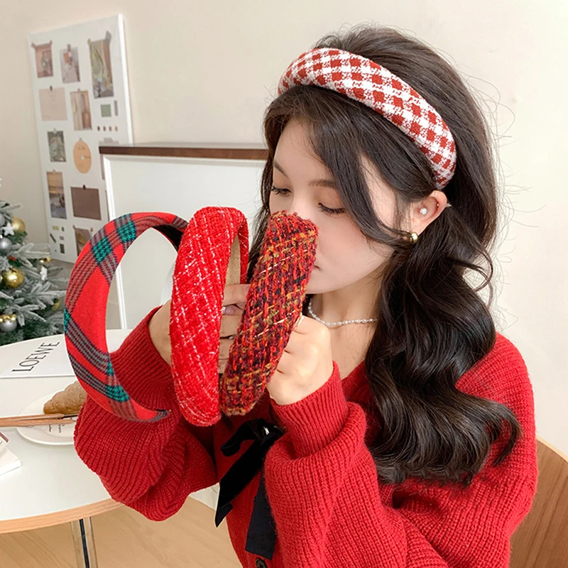 

Vintage Red Womens Headband Woolen Velvet Hair Band Headwear Girl Wide Side Sponge Hair Hoop Christmas New Year Hair Accessories