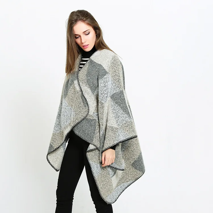 

Autumn And Winter Geometric Square Plaid Women's Shawl Imitation Cashmere Foreign Trade National Wind Slit Thickened