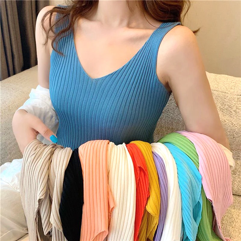 

V-neck Knitted Ice Silk Sleeveless Top Thin Vest Camisoles & Tanks Knit Sweater Women Spring Summer Sexy Slim Camisole Intimates