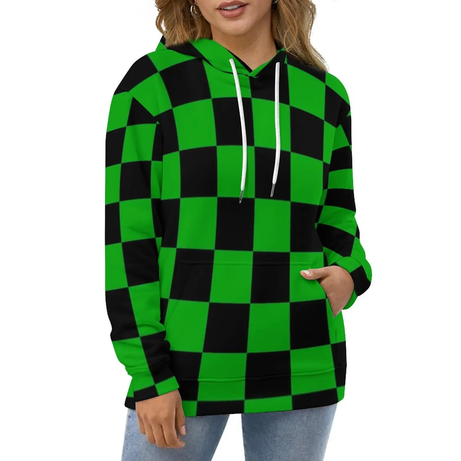 

Black And Green Two Tone Hoodies Long-Sleeve Mod Checkers Pretty Casual Pullover Hoodie Fashion Oversized Loose Sweatshirts