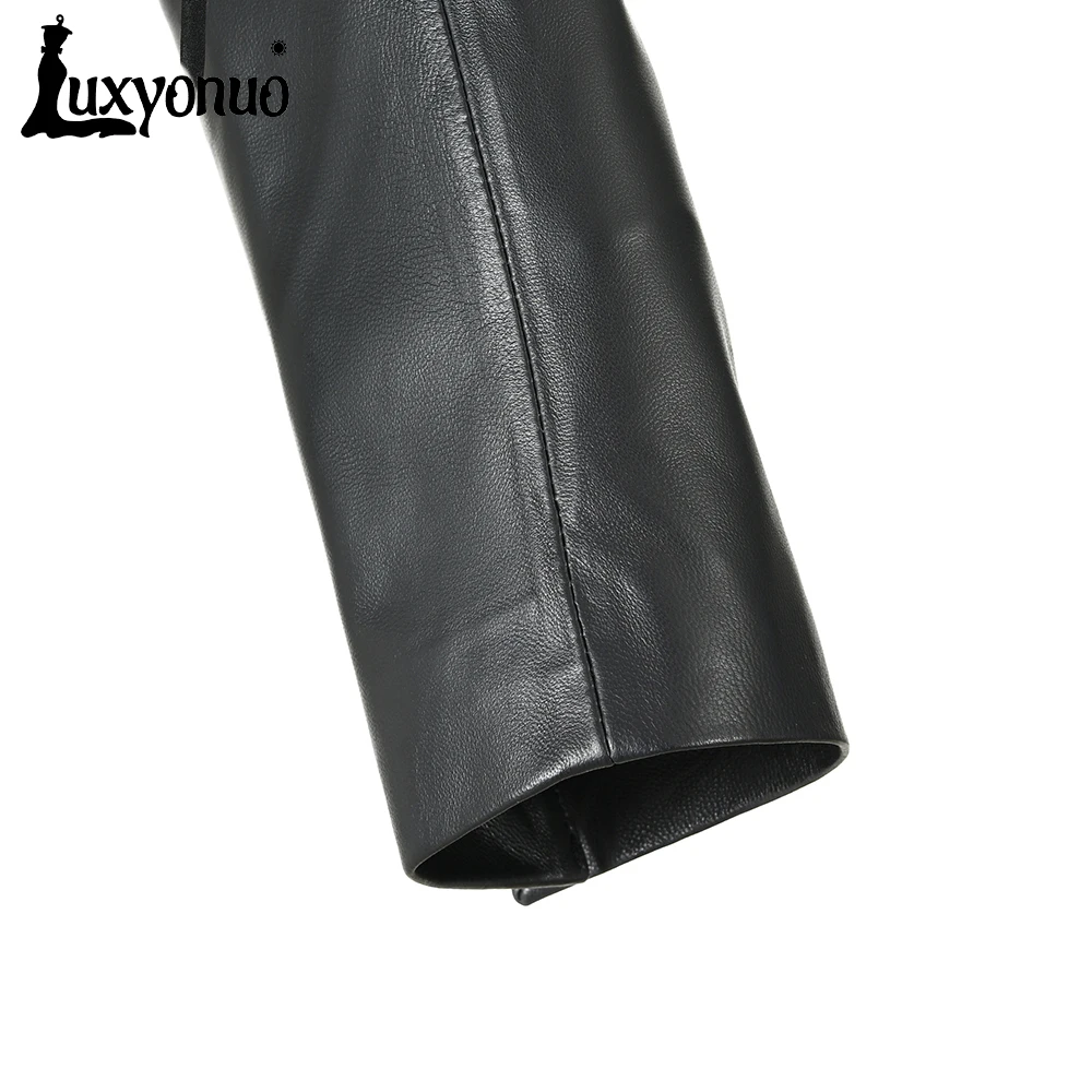 Фото Куртка Luxyonuo женская из натуральной кожи, на весну, Модное демисезонное пальто из натуральной кожи со съемным дизайном для женщин, новинка 2023 №5