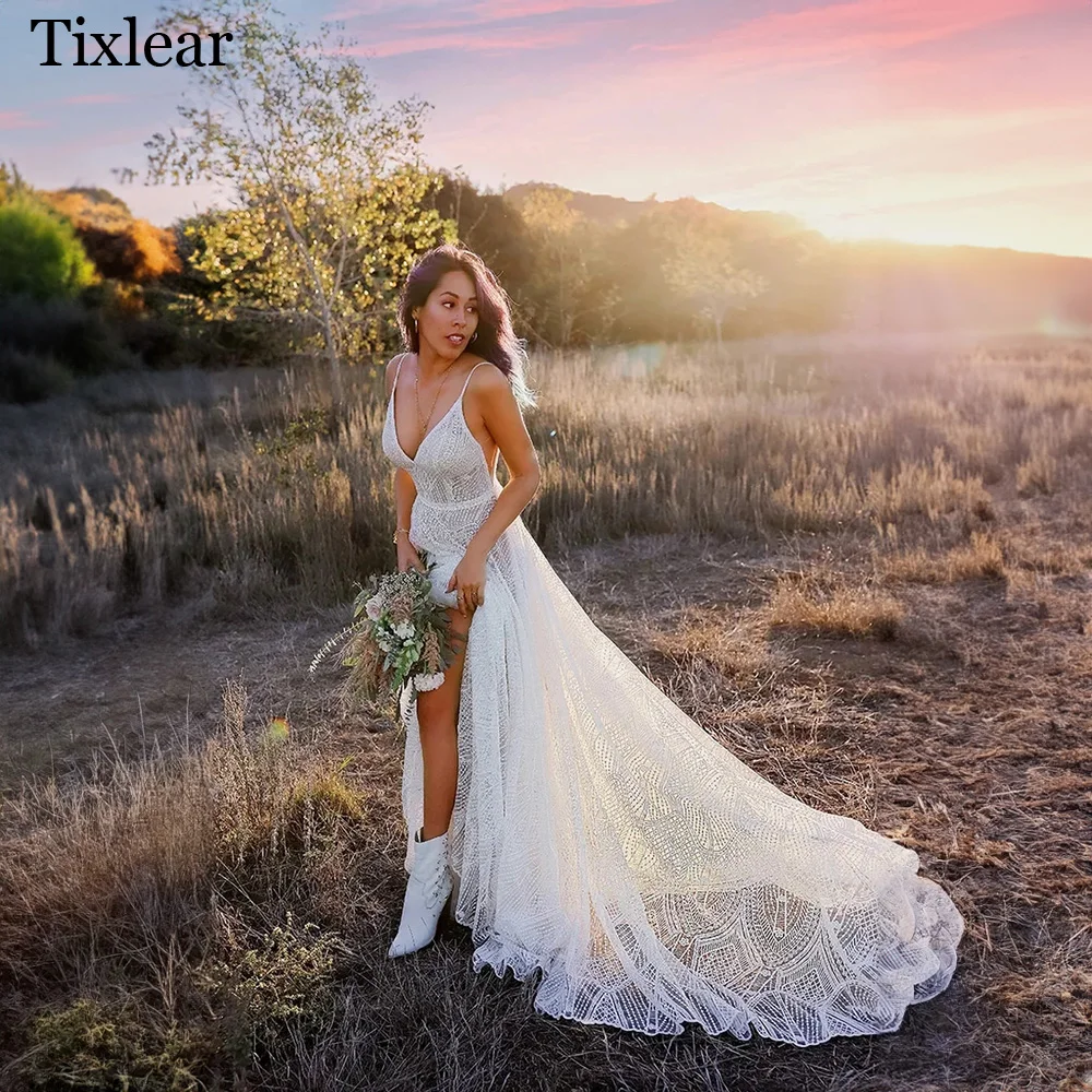 

Женское свадебное платье со шлейфом TIXLEAR, элегантное кружевное ТРАПЕЦИЕВИДНОЕ ПЛАТЬЕ с открытой спиной и V-образным вырезом, без рукавов