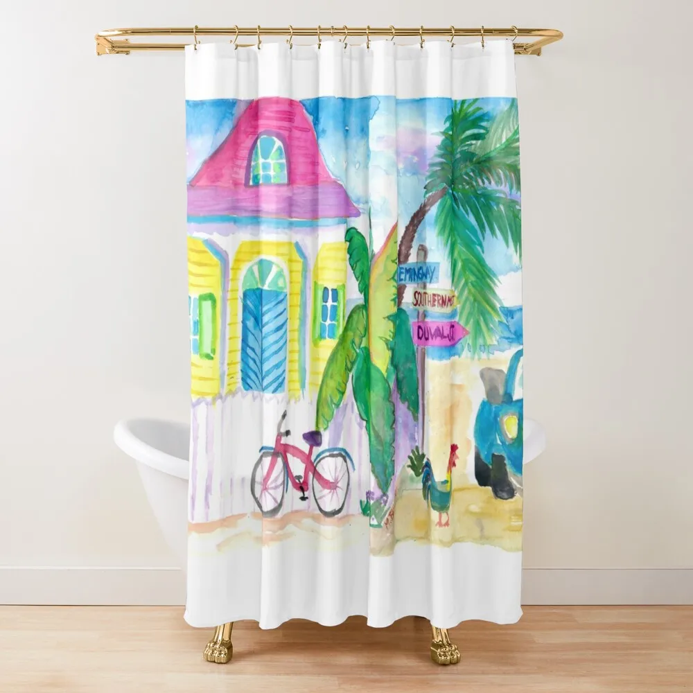 

Yellow Conch House Tropical Street Scene With Bike And Rooster Novelty Cheap Shower Curtains