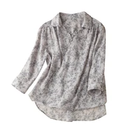 vintage print ramie v neck women blouses three quarter sleeve tops pullover summer 2022 blusas femininas elegantes