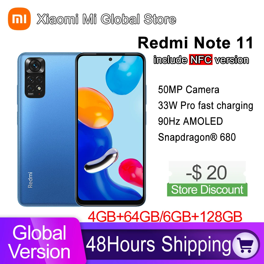 Global Version Xiaomi Redmi Note 11 Smartphone Snapdragon 680 Octa Core 33W Pro Fast Charging 50MP Quad Camera 64GB / 128GB NFC