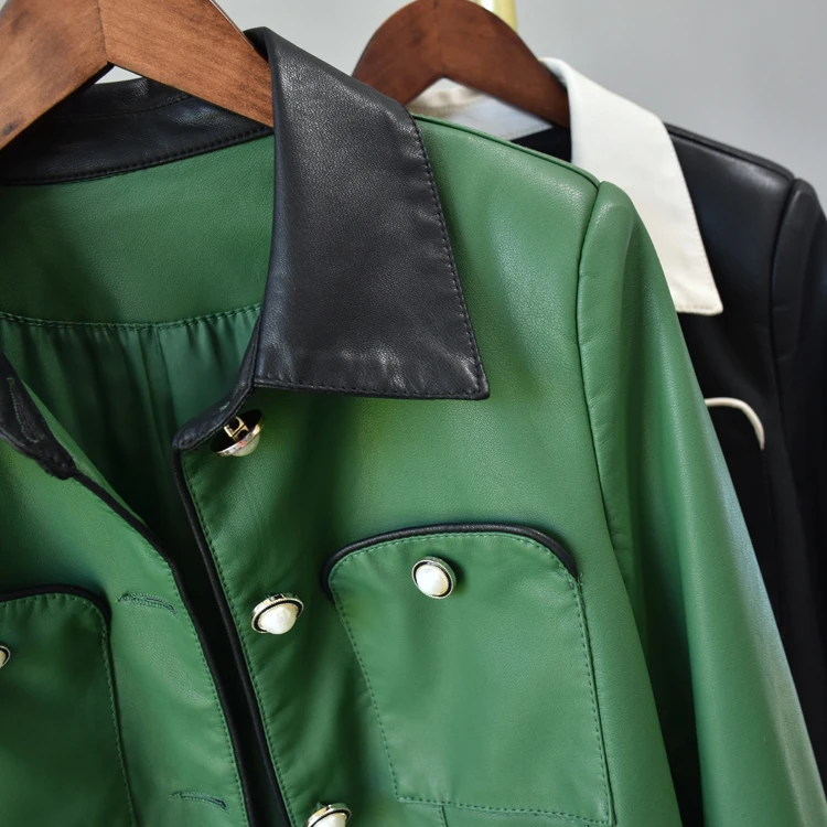 KoHuiJoo Leather Jacket Women Oversize New Autumn Turn Down Color Contrast Pocket Design Green PU Leather Short Coats for Ladies