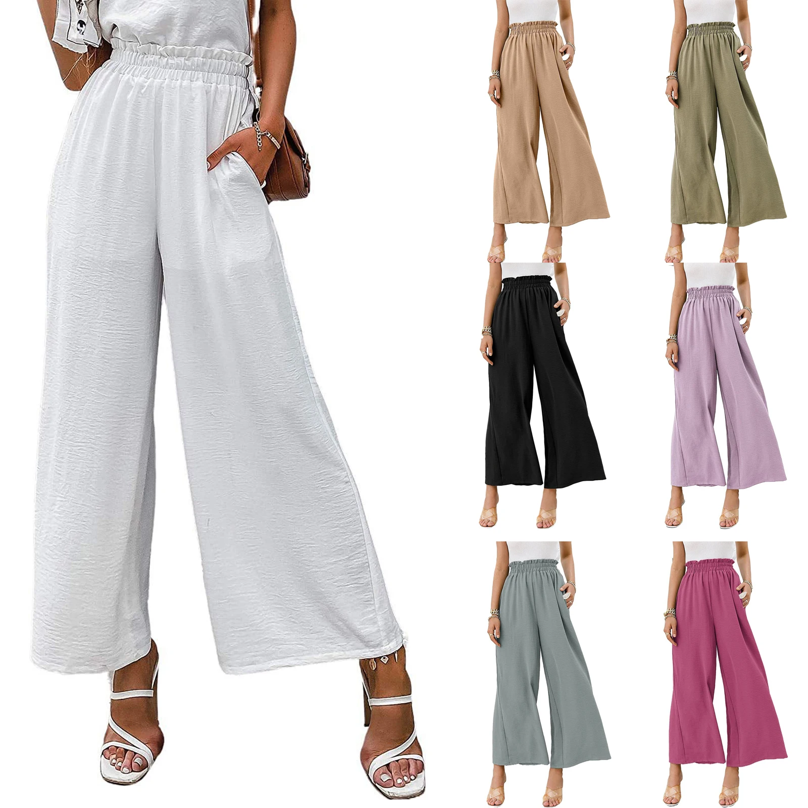 

Women's Wide Leg Long Pants, Solid Color High Waist Loose Fit Side Pockets Trousers, Casual Simple Bottoms