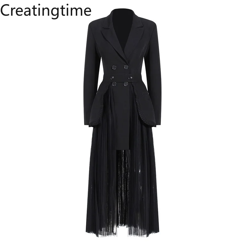 

Creatingtime 2022 Spring New Fashion Women's Dark Blazer Skirt Two-piece Temperament Long Blazer Gauze Pleated Skirt Suit GA648