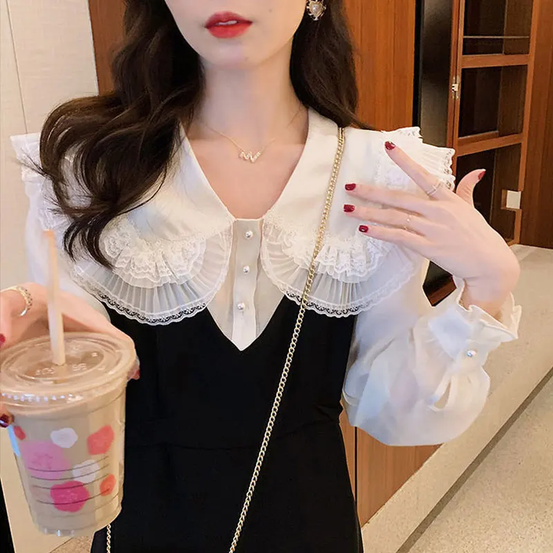 

2022 Autumn Peter Pan Collar French Elegant Temperament Lace Chic High Waist Puff Sleeve Women Dress Sweet Vestidos Midi Dress
