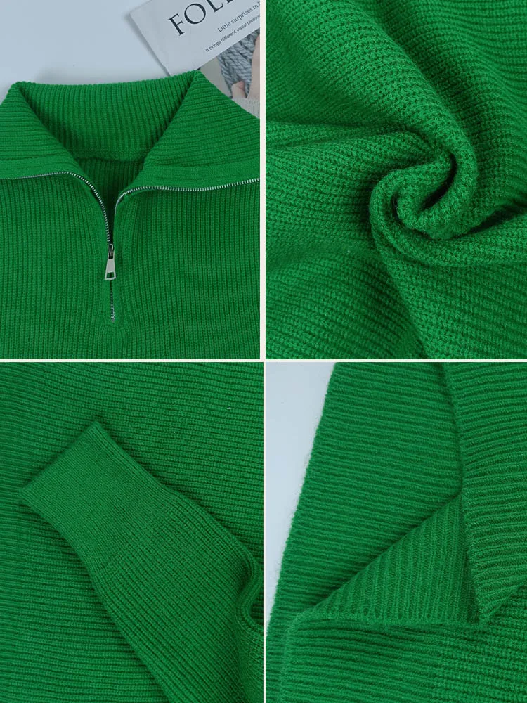 Women's Turtleneck Zippers Fashion Women Sweaters Solid Green Blue Pullover Long Sleeve Casual Knitted Sweater Woman Winter 2022