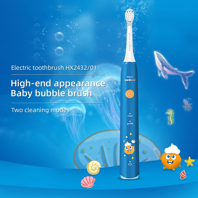 

Original Philips HX2432 Children's Sonic Electric Toothbrush Soft Bristle Vibration Kids Brush Gum Care 2 Modes with Smart Timer