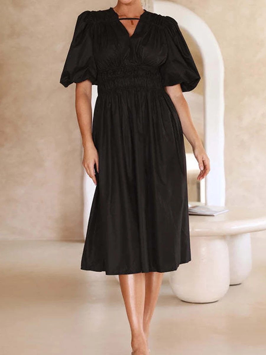 

Женское повседневное плиссированное платье миди, удобное летнее платье с коротким рукавом, V-образным вырезом и высокой талией, праздничная одежда 2023