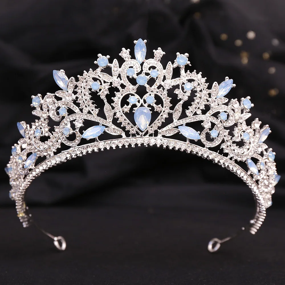 Blue Green Opal Bridal Tiaras Baroque Crown Rhinestone Pageant Diadem Collar Headband Wedding Hair Accessory