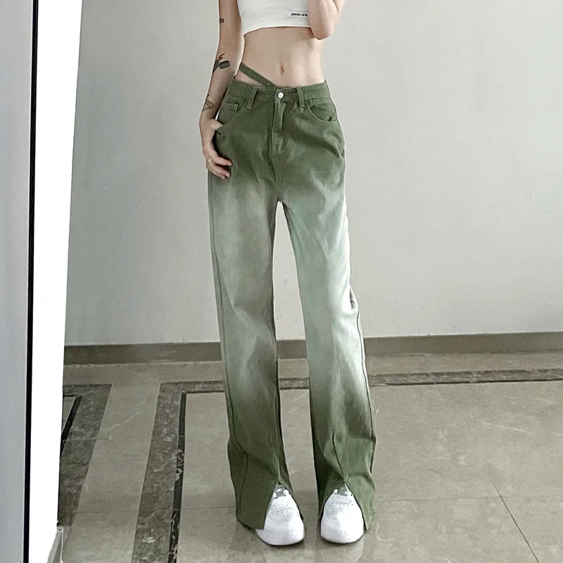 

Personality Asymmetrical Belt Tie-dye 2021 European and American Fashion Gradient Color Straight Casual Denim Trousers Women
