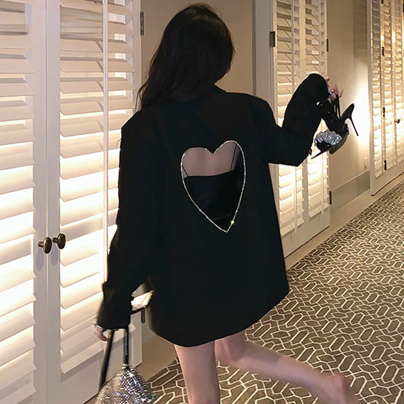 

2022 New Autumn And Autumn Fashion Casual Long Sleeve Loose Blackless Heart-shaped Hollow Diamond Blazer Coat Women SL562