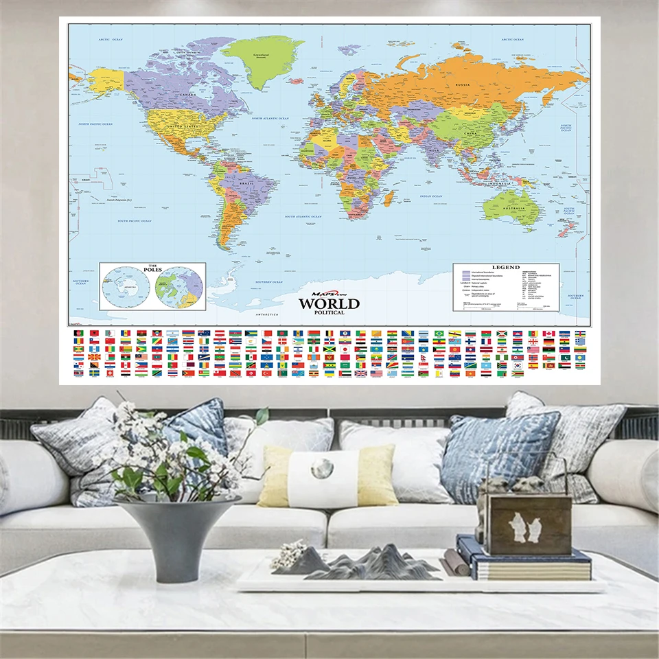 

150x225cm The World Political Map with National Flags Hammer Projection For Culture And Education Home Decor School Supplies