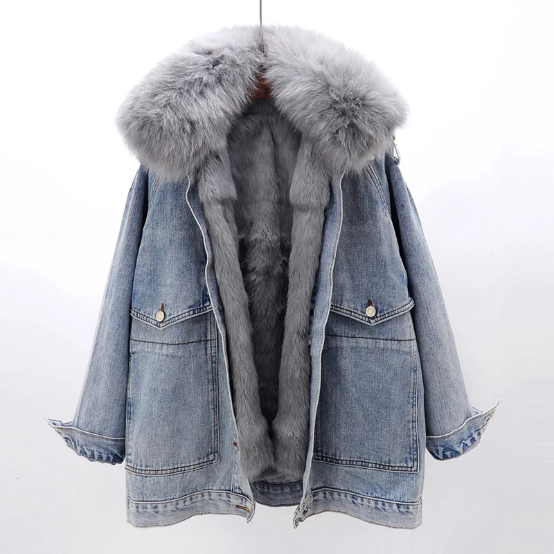 Korean Winter Real Fox New Fur Collar Women Denim Jacket Autumn Detachable Rex Rabbit Fur Liner Coats Female Fur Loose Overcoat
