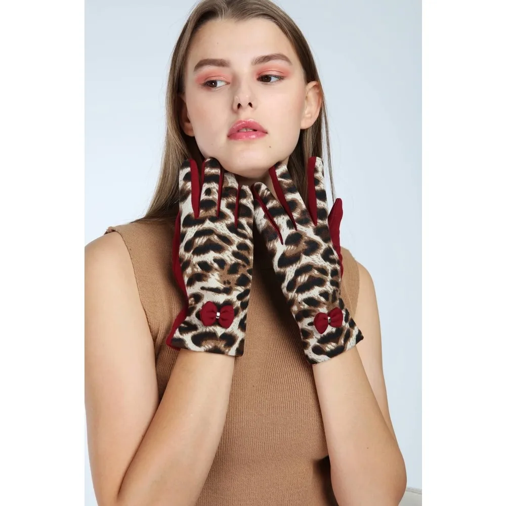 

Женские красные леопардовые перчатки Dorlie с бантом