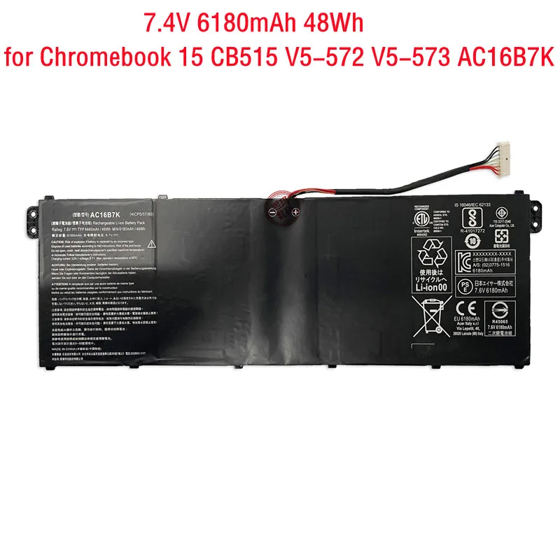 

Оригинальный аккумулятор для ноутбука Acer Chromebook 15 CB515, 7,4 В, 48 Вт/ч, AC16B7K