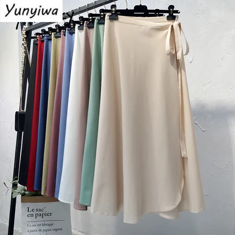 Wrap Skirts Summer Womens Black Long Skirts For Women Midi Skirt Harajuku White A-LINE Solid Casual High Waist 2022