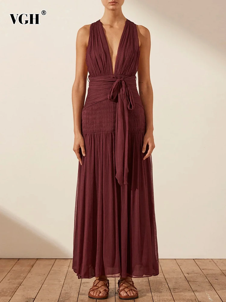 

VGH Sexy Hollow Out Dresses For Women Deep V Neck Sleeveless High Waist Backless A Line Ruched Solid Mesh Dress Female Fashion