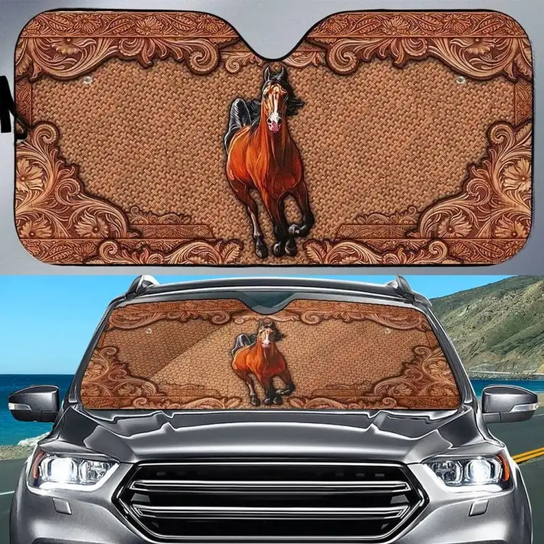 

Horses Running Leather Carved Printed Auto Sunshine Horse Lover Windshield Sunshade Oxford Cloth Windshield Car Sunshade