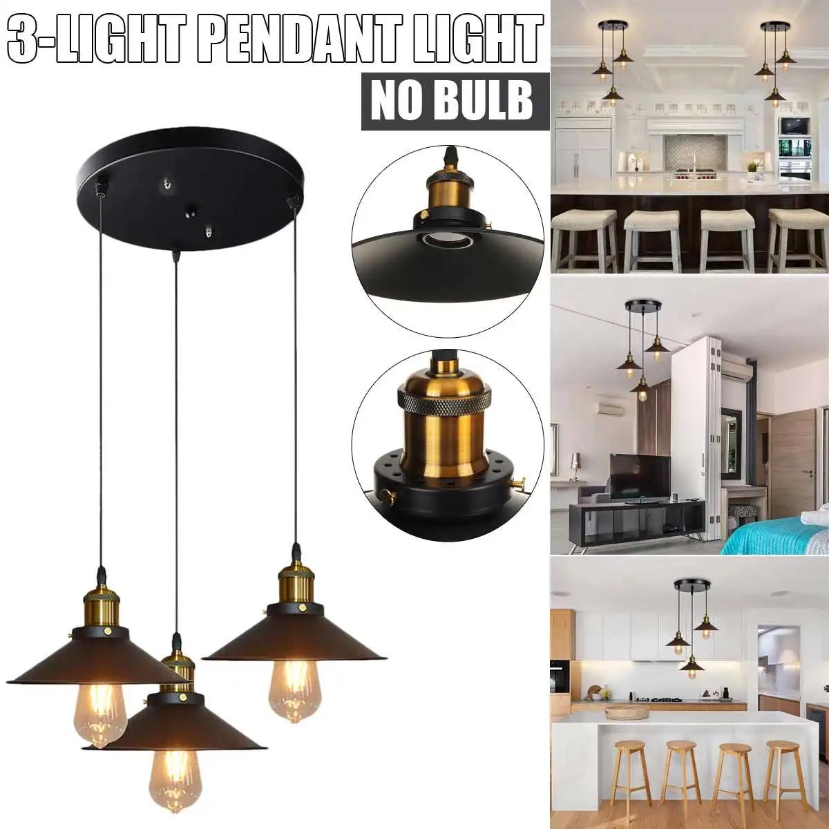 

85-265V E27 Modern Pendant Light 3 Heads Kitchen Hanging Pendant Lamp Indoor Lighting Fixture Home Bar Restaurant Decoration