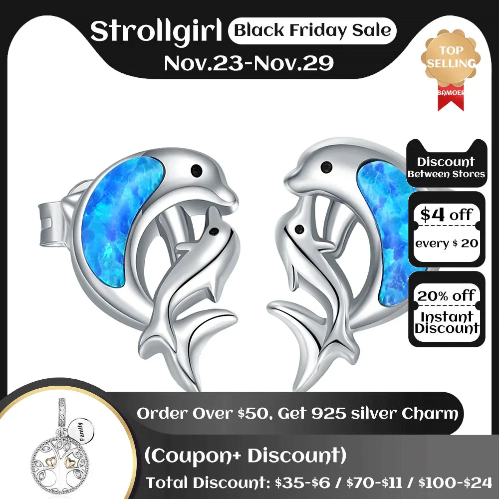 

925 Sterling Silver Blue Opal Dolphins Stud Earrings Cute Animal Nautical Ocean Sea Jewelry Summer Gifts For Women Girls Friends