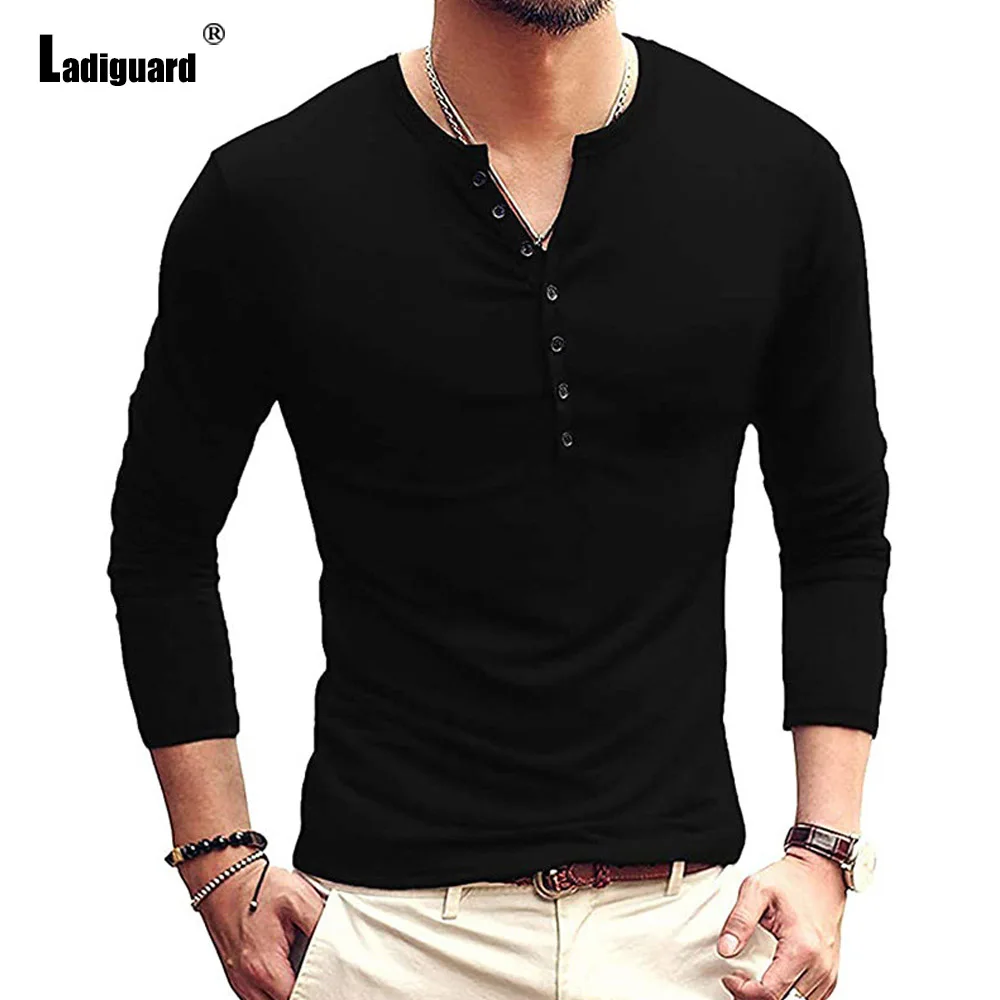 Купи Ladiguard Men Long Sleeves Casual Basic Shirts Clothing 2022 European Fashion Skinny Tops roupas masculinas Pullovers Black Gray за 883 рублей в магазине AliExpress