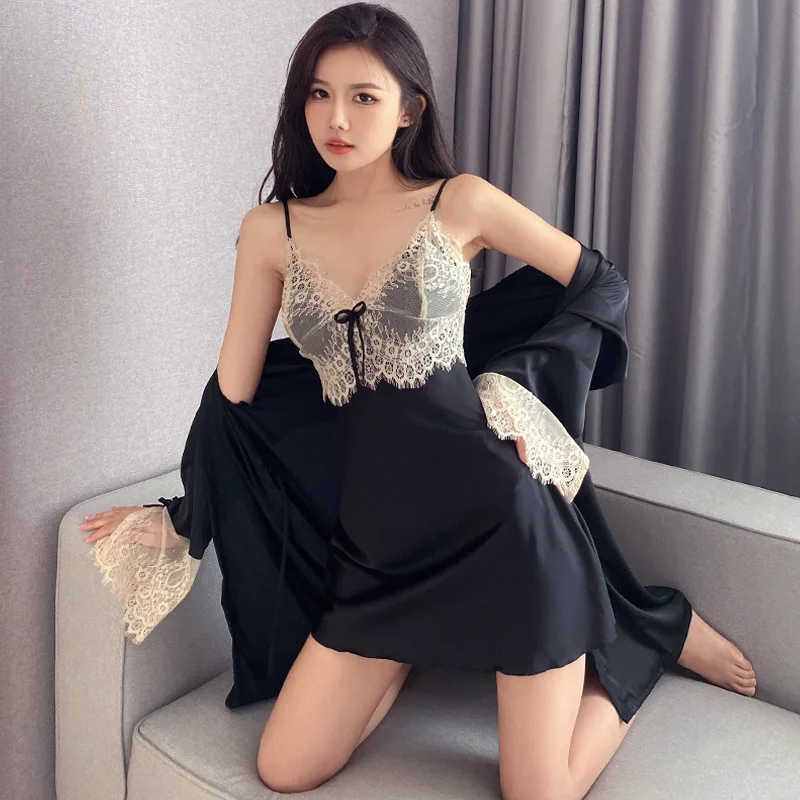 

Халат-кимоно Женский из вискозы, пикантное нижнее белье, прозрачная ночная рубашка для невесты, халат, черный