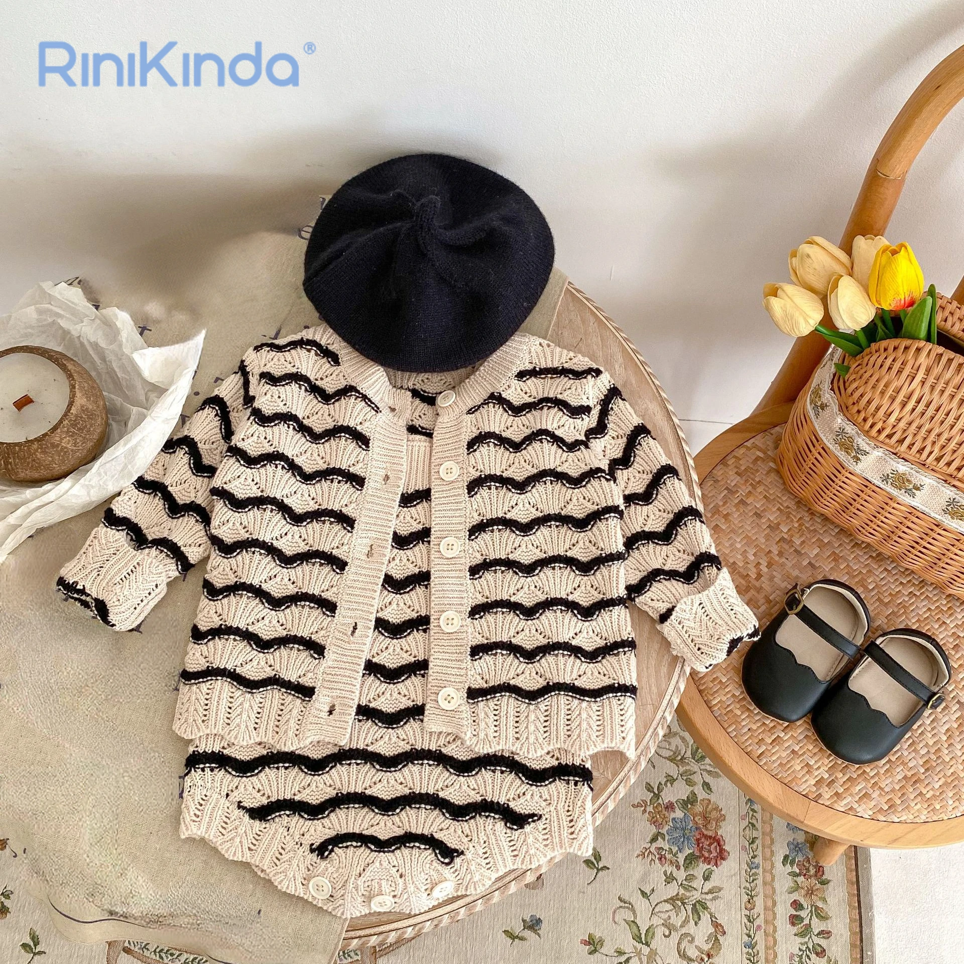 

Kids Girls Striped Rompers Suits 0-3Years Newborn Spring Autumn Girls Romper Knitted Sleeveless Romper and Sweater Cardigan Coat