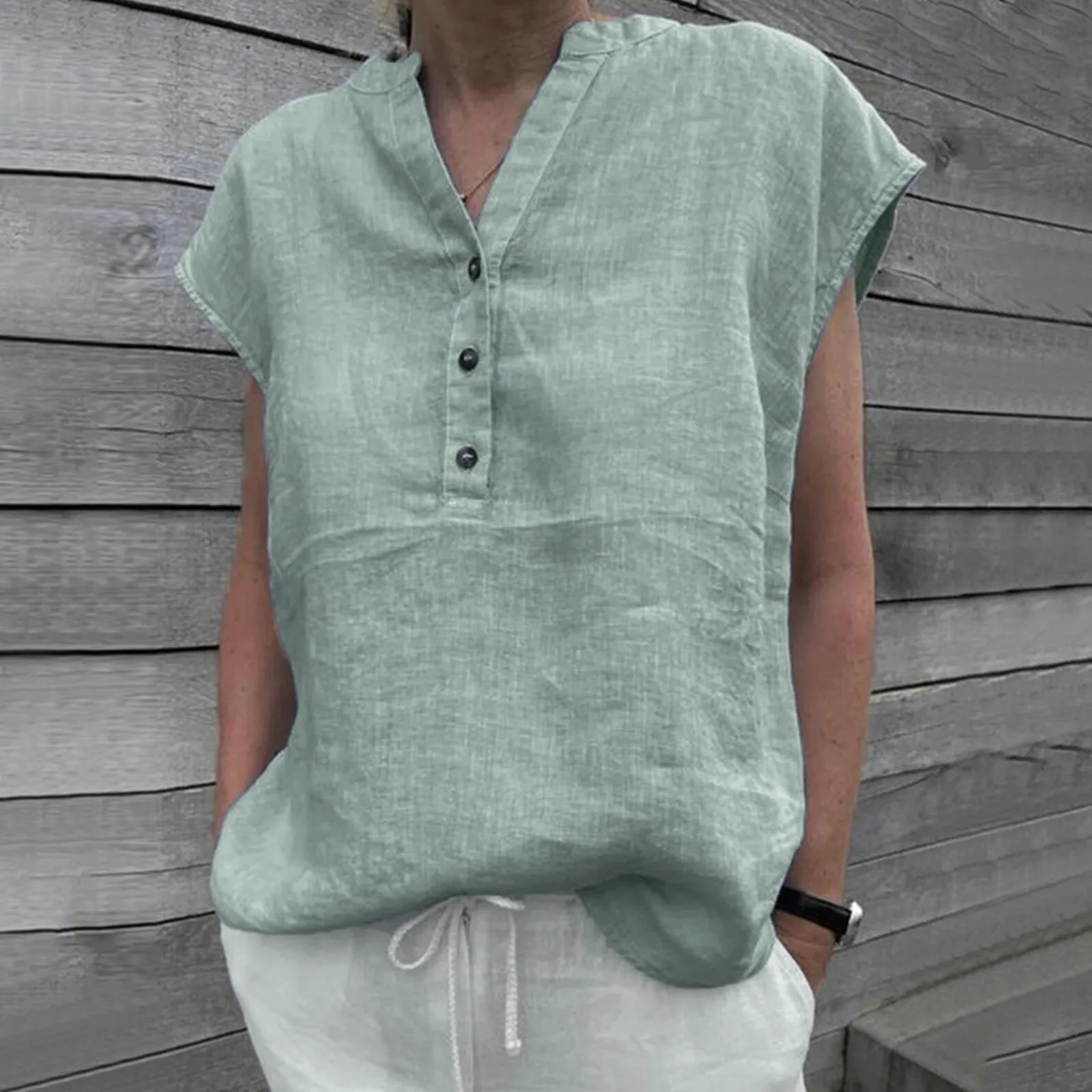 Однотонные льняные рубашки с коротким рукавом Офисная Женская летняя блузка на