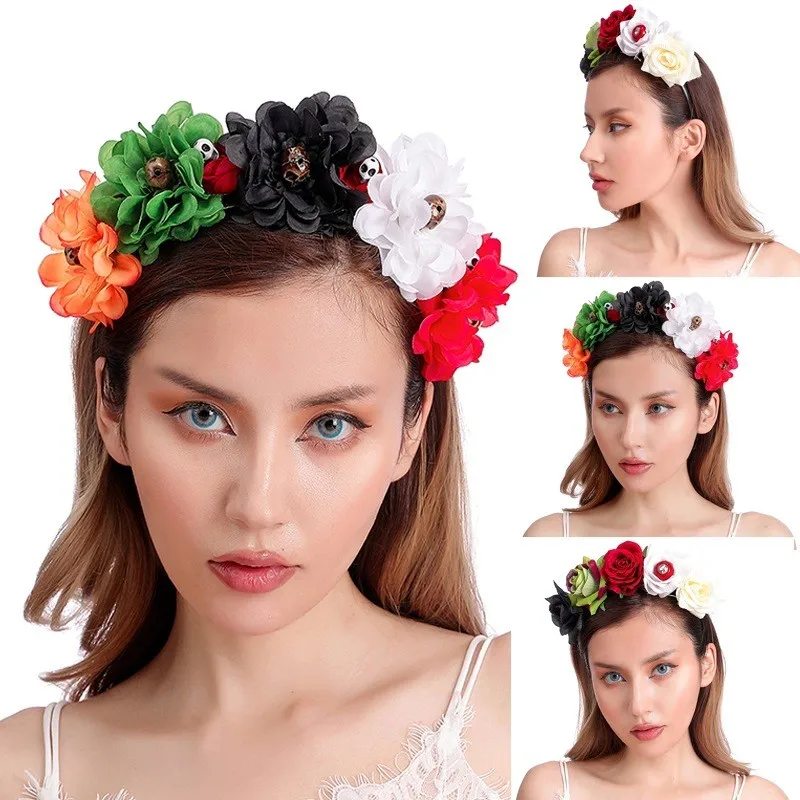 

Women Halloween Artificial Rose Flower Skull Face Headband With Black The Dead Crown Cosplay Hair Hoop Supplies