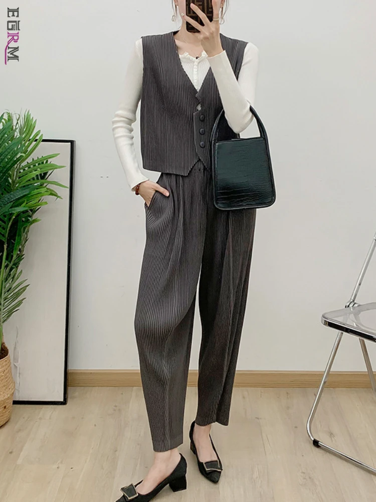 Женский плиссированный комплект EGRM из двух предметов однобортный жилет без