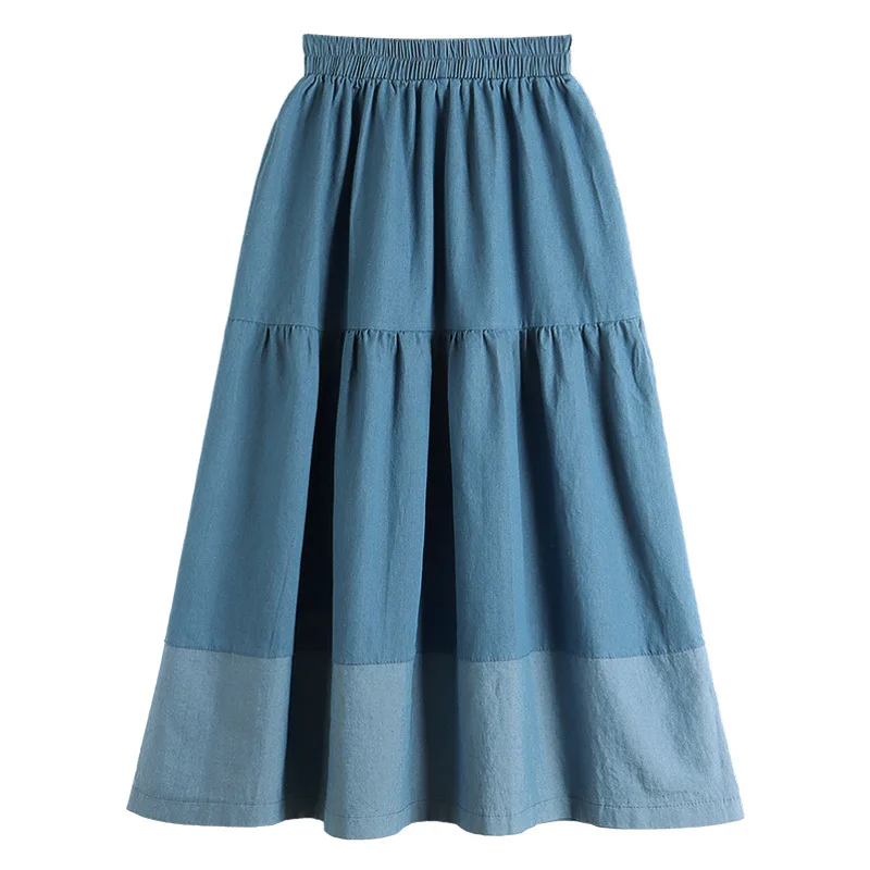 

TFETTERS Stitching Solid Color Denim Skirt Women Summer 2023 High Waist Slim Middle and Long Big Swing A-line Skirts for Women