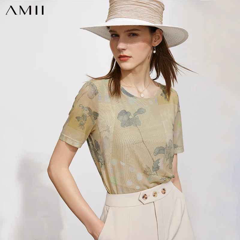 

Amii Minimalism Summer New Vintage Women's Tshirt Offical Lady Oneck Printed Thin Women's Tops Women's Clothing 12170372