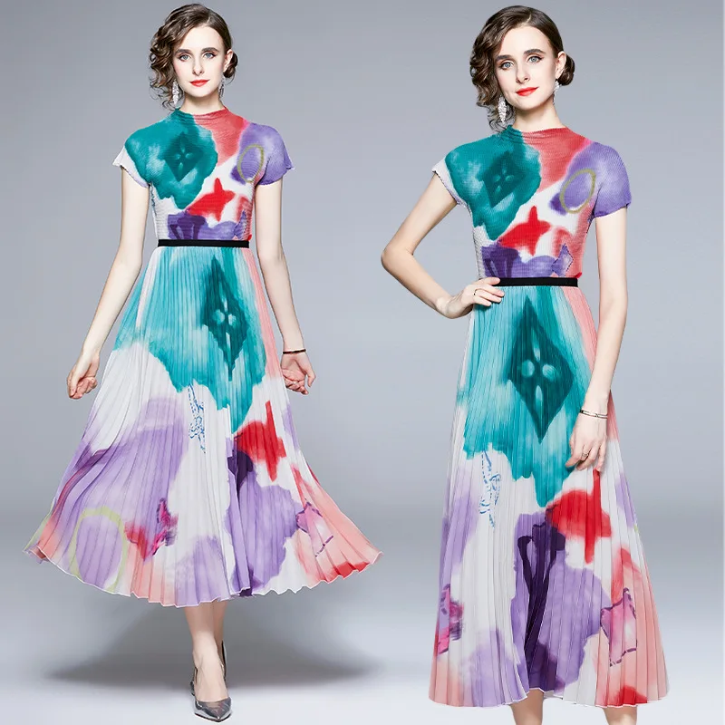 

Miyake Pleated Suit Women 2022 Summer Gradient Color Printed Loose Top Women's High Waist Two-Piece Overskirt Suit Skirt Sets