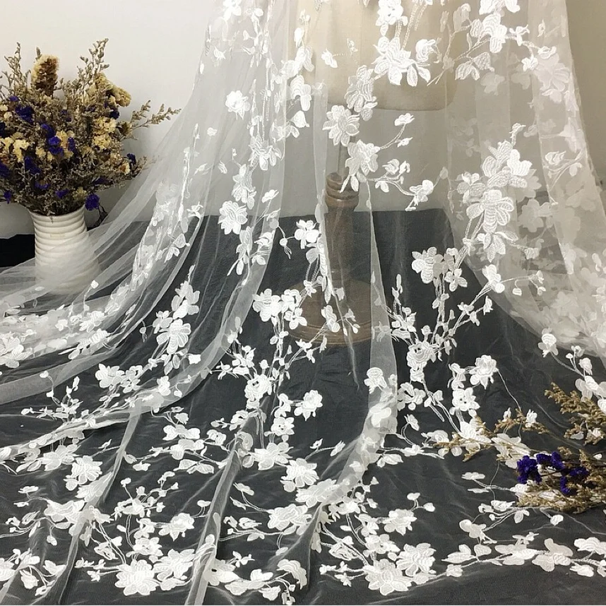 Белая Цветочная вышитая Свадебная кружевная ткань свадебная Тюлевая сетчатая