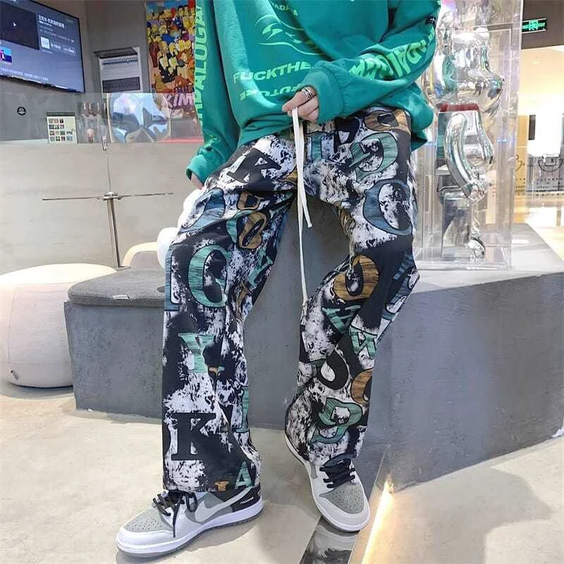 

Street Style Pants Men's Spring And Autumn Tide Brand Graffiti Tie-dye Straight Wide-Leg Mopping Casual Trousers joggers men