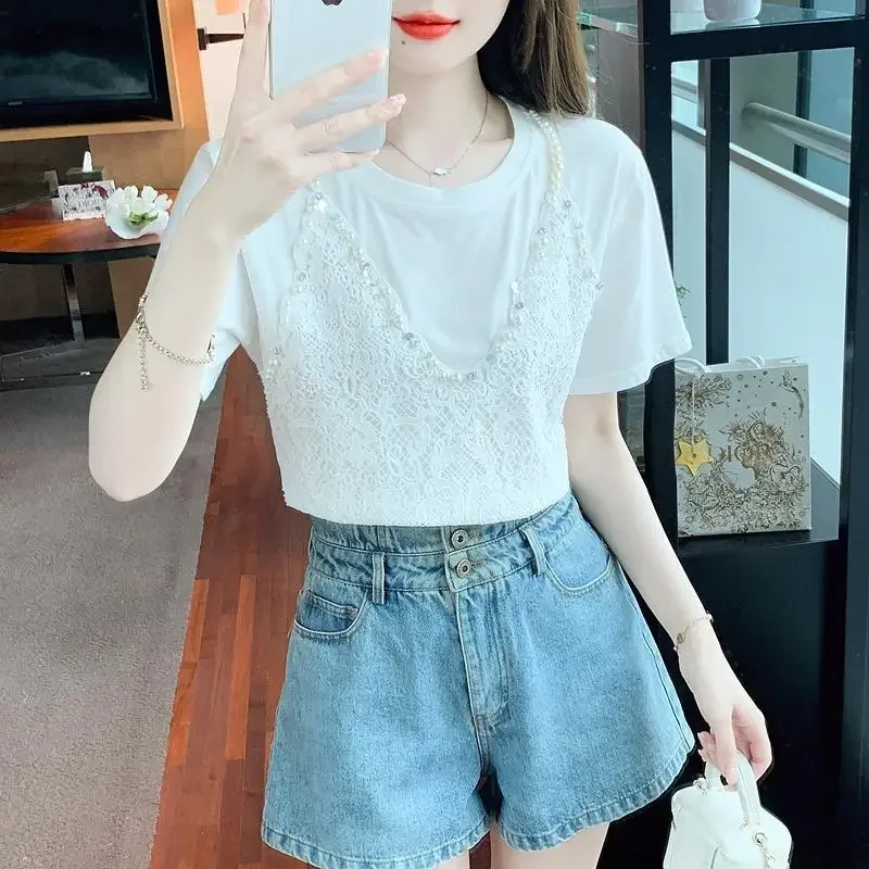 Лето 2023 новый пуловер с круглым вырезом футболка из двух частей иллюзия