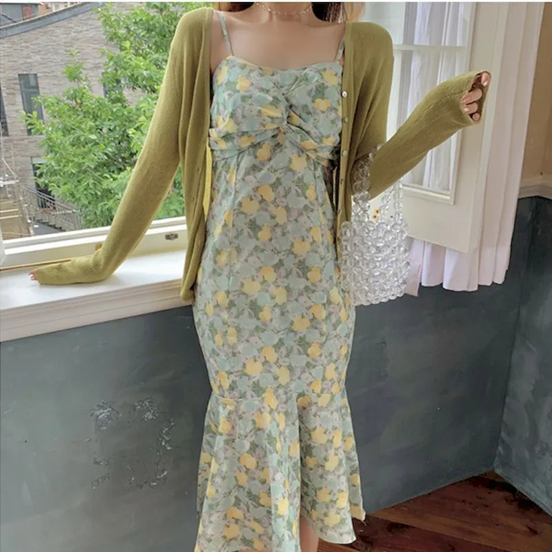 

Женское платье с цветочным принтом, длинное платье-годе на бретельках, кавайная Корейская версия, Новинка лета 2021, Стильное элегантное Пляж...