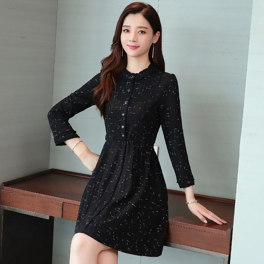 2024 винтажные черные шикарные мини-платья с длинным рукавом Осень-зима однотонное
