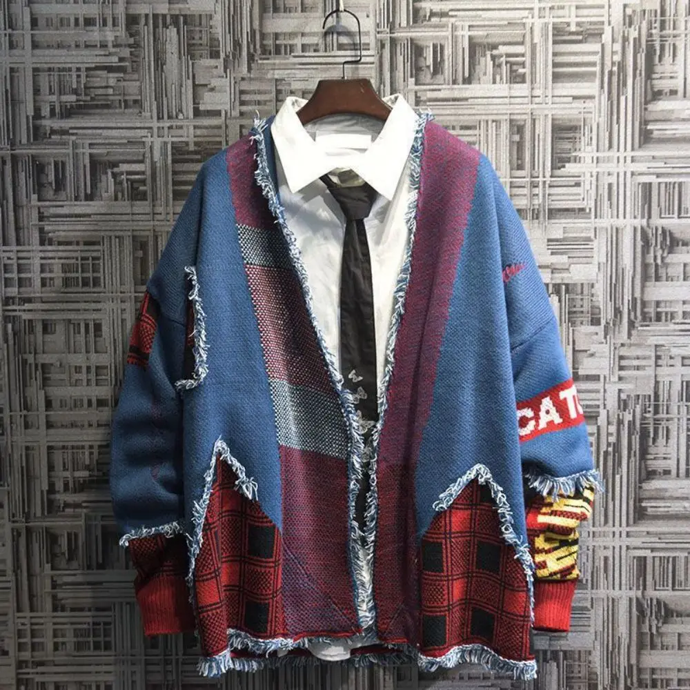 

2023 New Men's Retro Knitted Cardigan Stitching Couple Lazy Sweater Men's Fall/Winter Baggy Coat Korean Fashion