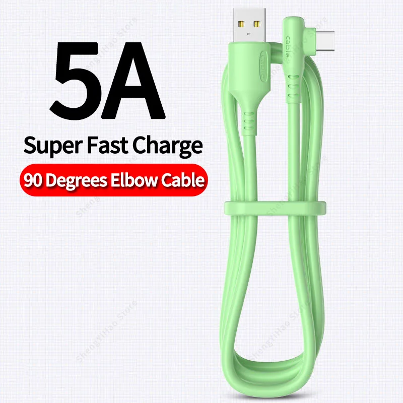

90 Degree Elbow 5A USB Type C Cable Fast Charging Charger for Huawei P40 Xiaomi Redmi Mobile Phone Data Cord Liquid Silicone
