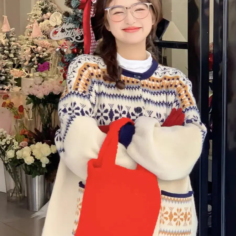 Британский свитер кардиган однобортный жаккардовый свободный ретро-свитер с