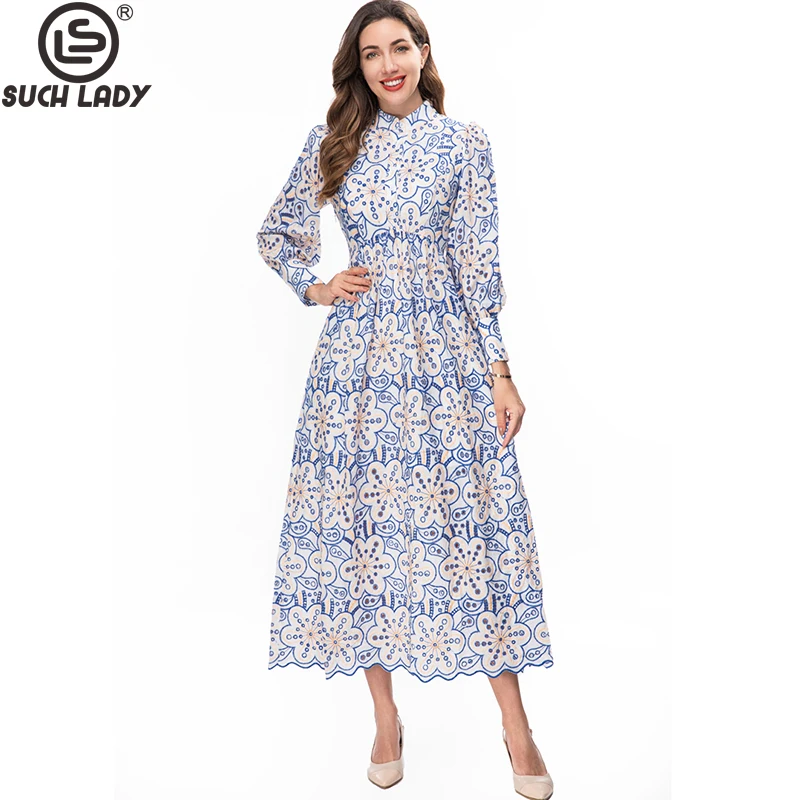 Women's Runway Dresses O Neck Long Sleeves Printed Embroidery Fashion A Line Designer Vestidos