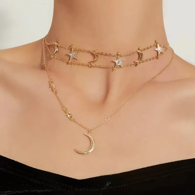 Uorich Ретро Легкая Роскошная Пентаграмма Полумесяц Инкрустация Алмазное Ожерелье